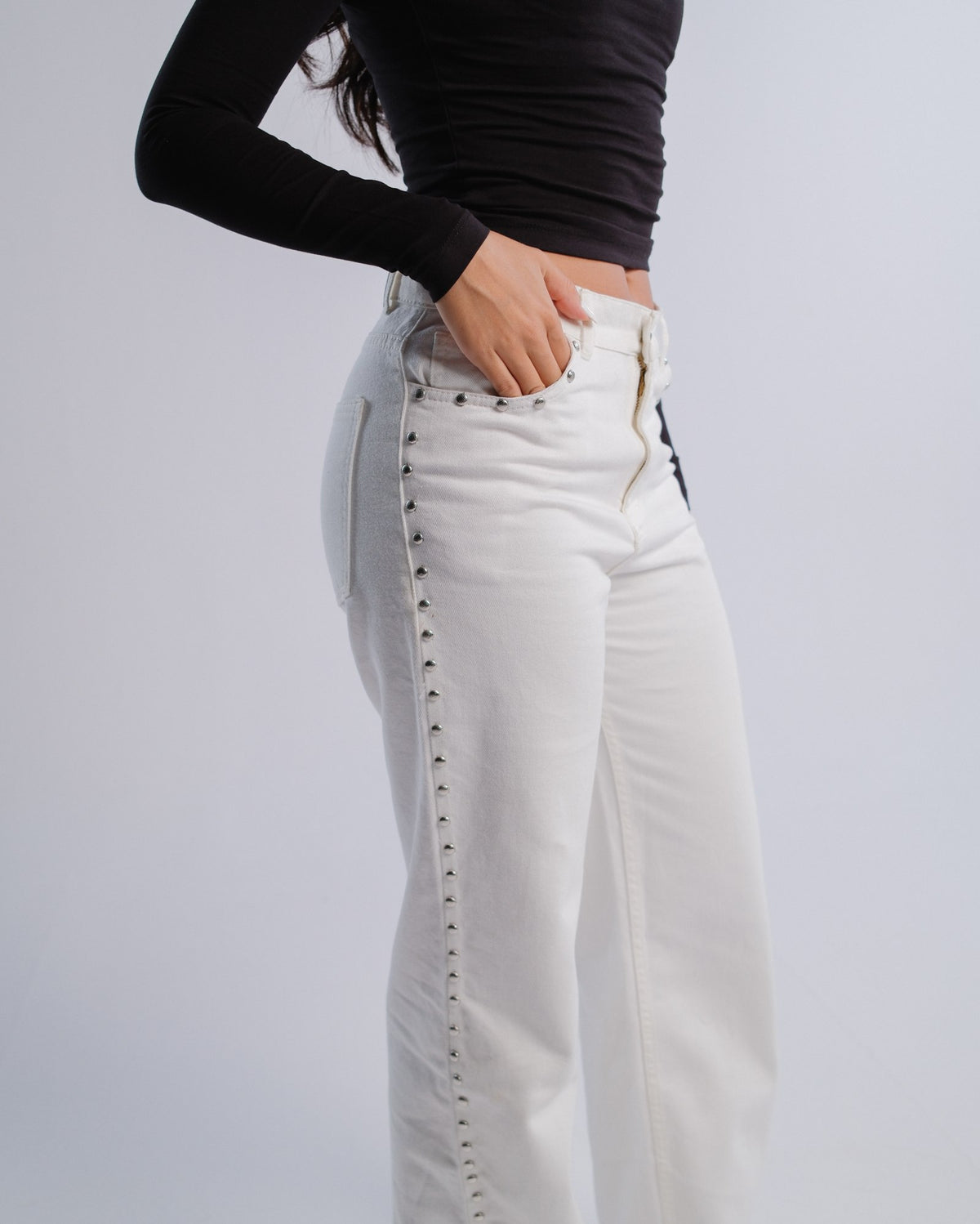 Studded Jeans — White — Stud detail